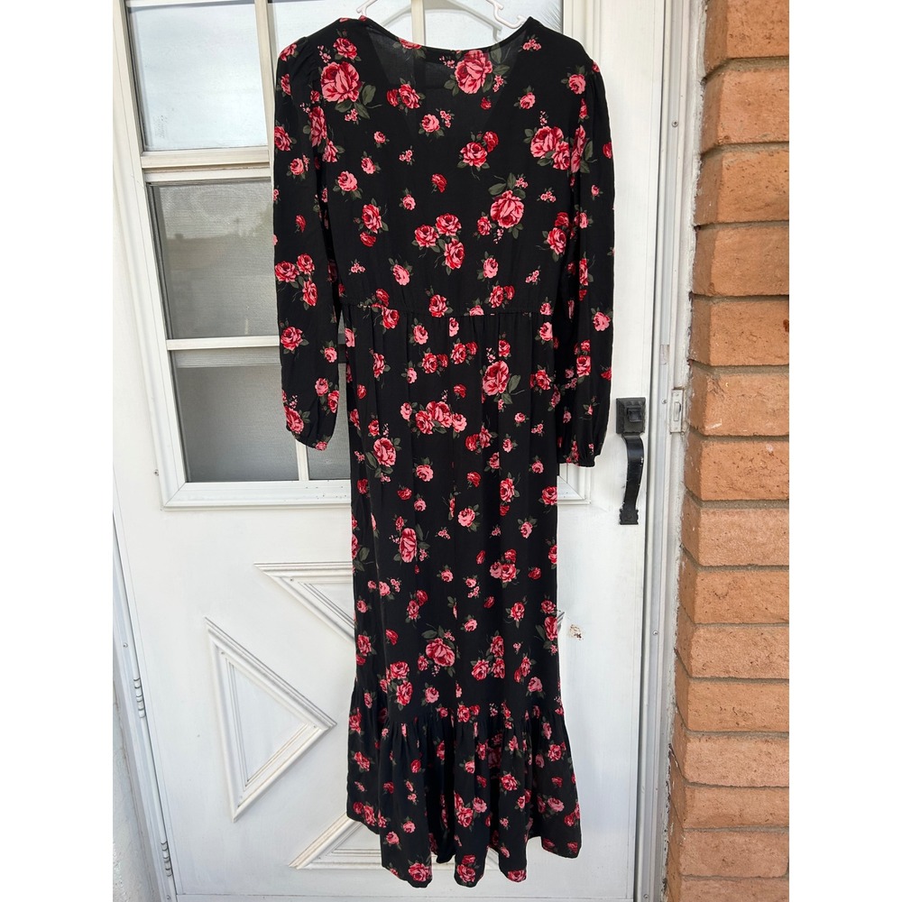 Stradivarius Womens Red Rose Floral V-Neck High-Low Midi Dress L Dark Romantic - Picture 6 of 10